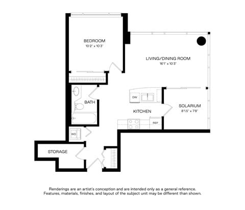 Floor plan for 1 bed, 1 bath, 676 sqft